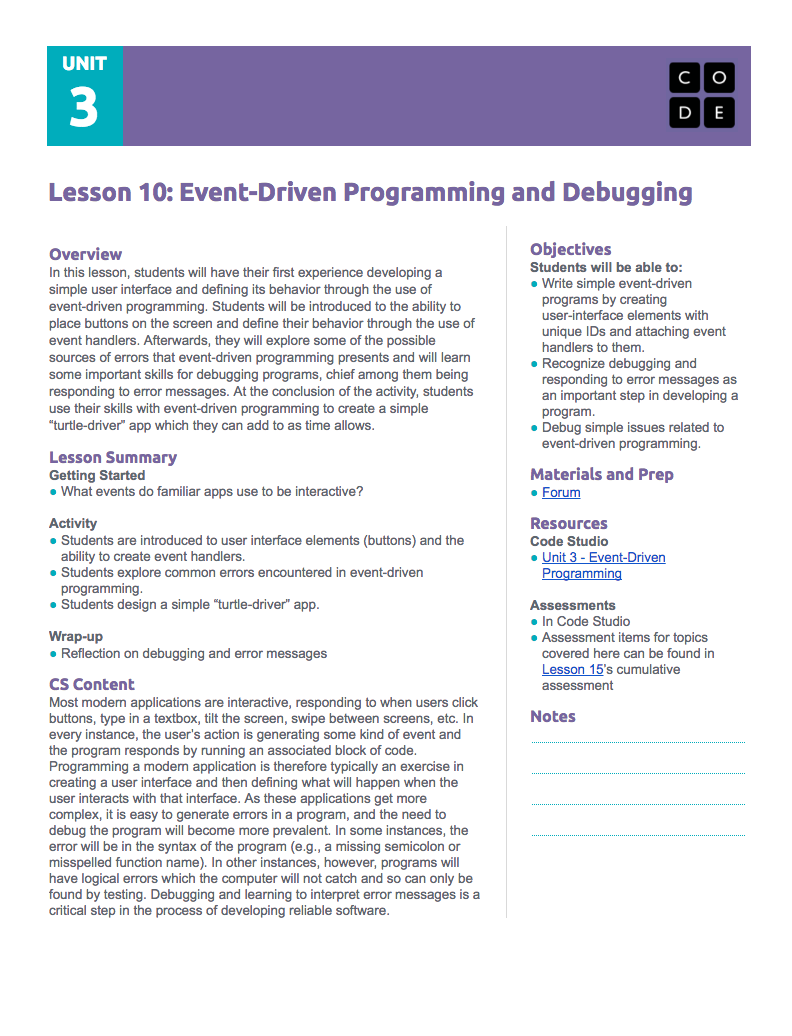 Event-Driven Programming and Debugging Lesson Plan