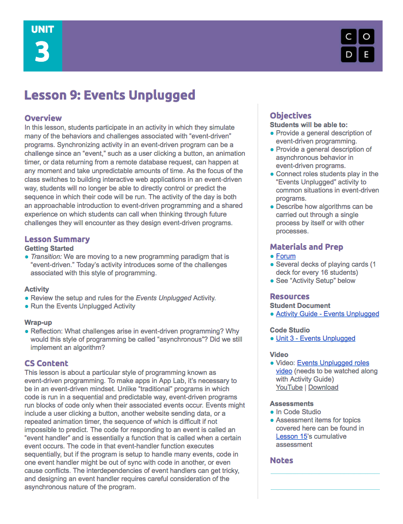 Events Unplugged Lesson Plan