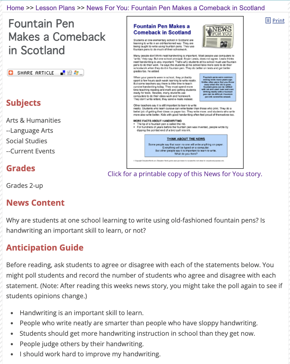 Fountain Pen Makes a Comeback in Scotland Lesson Plan