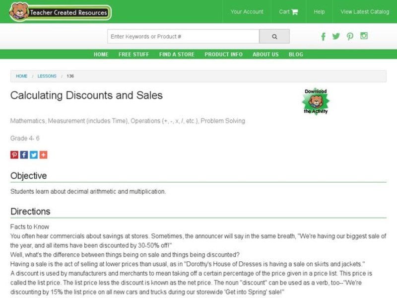 Calculating Discounts and Sales Lesson Plan
