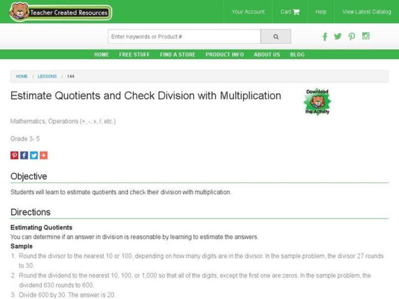 Estimate Quotients and Check Division With Multiplication Lesson Plan
