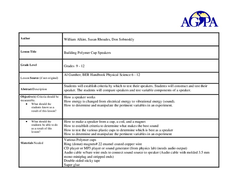 Building Polymer Cup Speakers Lesson Plan