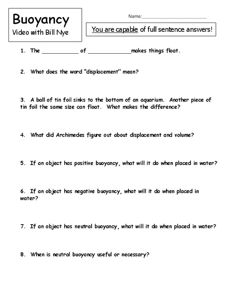 Buoyancy Worksheet