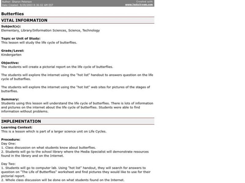 Butterflies Lesson Plan