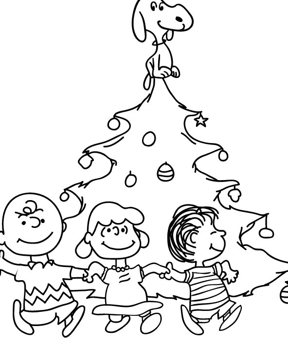 Charlie Brown Christmas Tree Coloring Page with Snoopy, Lucy and Linus Worksheet