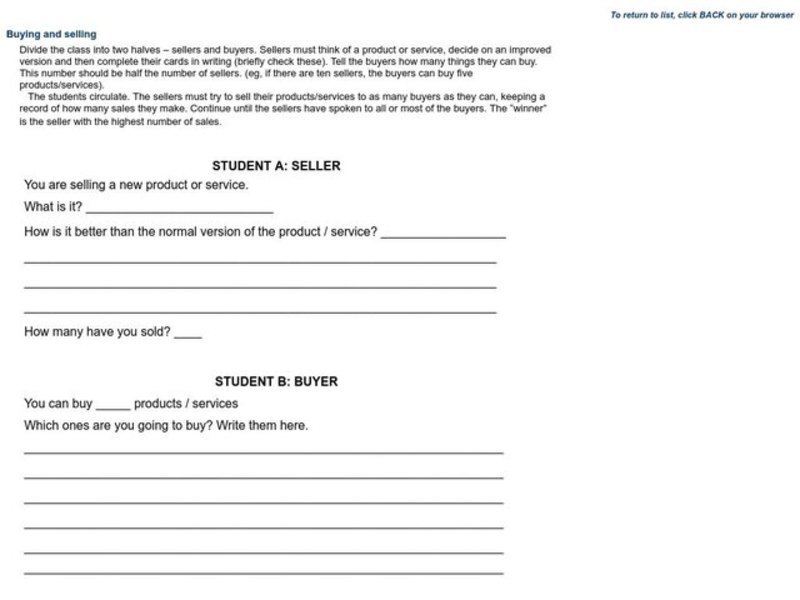Buying And Selling Worksheet