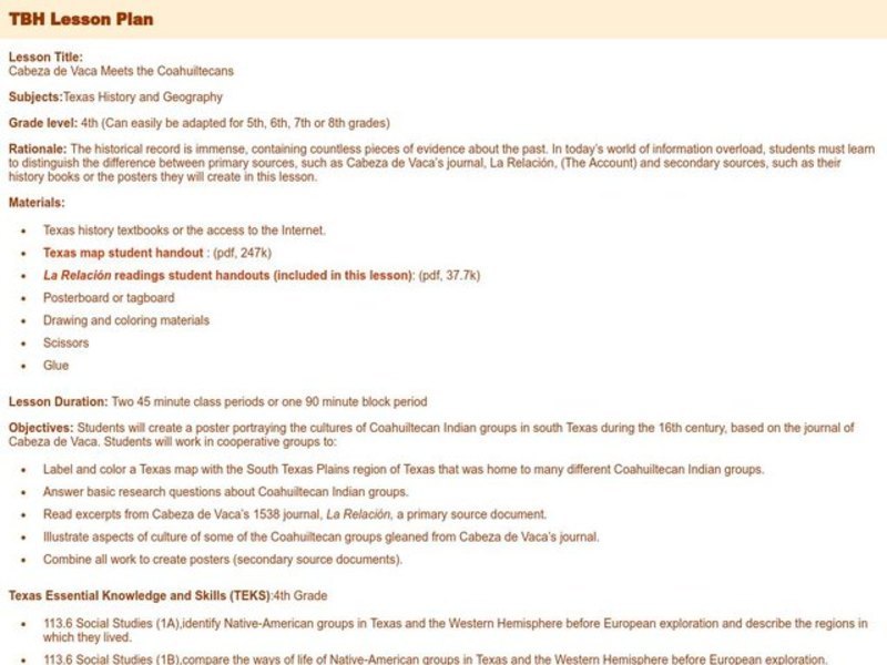 Cabeza de Vaca Meets the Coahuiltecans Lesson Plan