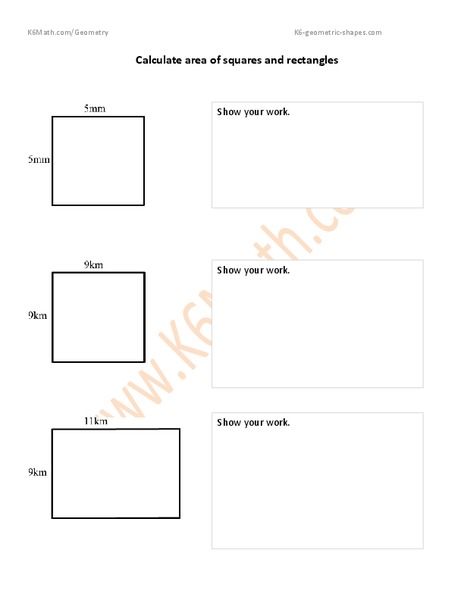 Calculate Area of Squares and Rectangles Worksheet