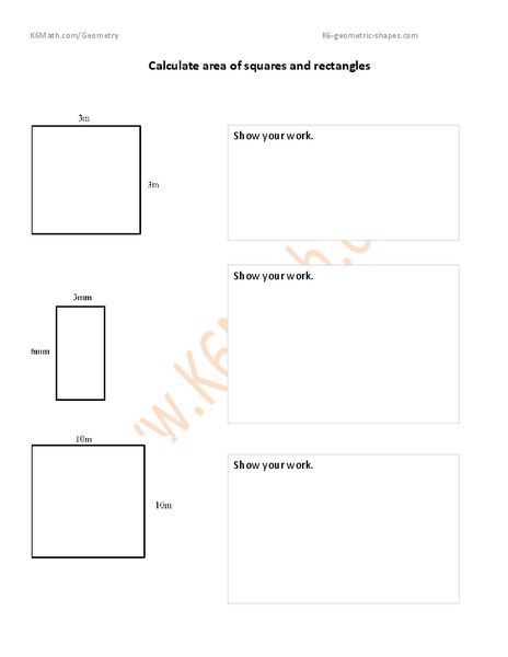 Calculate area of squares and rectangles Worksheet