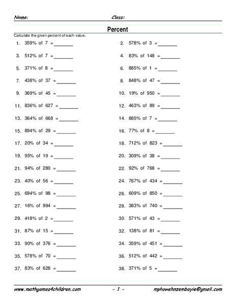 Calculate Percent of Value Worksheet