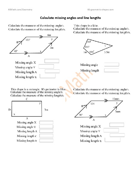 Calculate Missing Angles and Line Lengths Worksheet