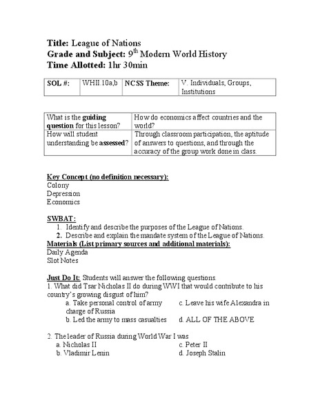 League of Nations Lesson Plan