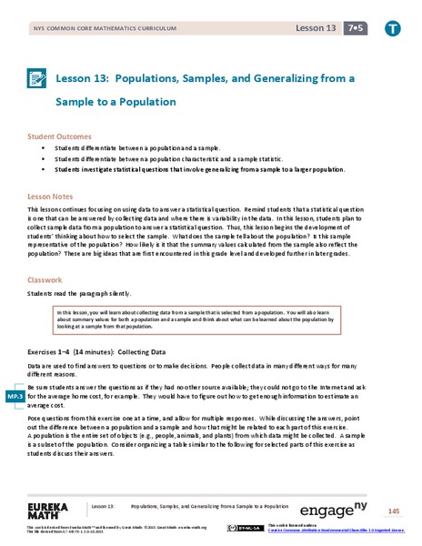 Populations, Samples, and Generalizing from a Sample to a Population Lesson Plan