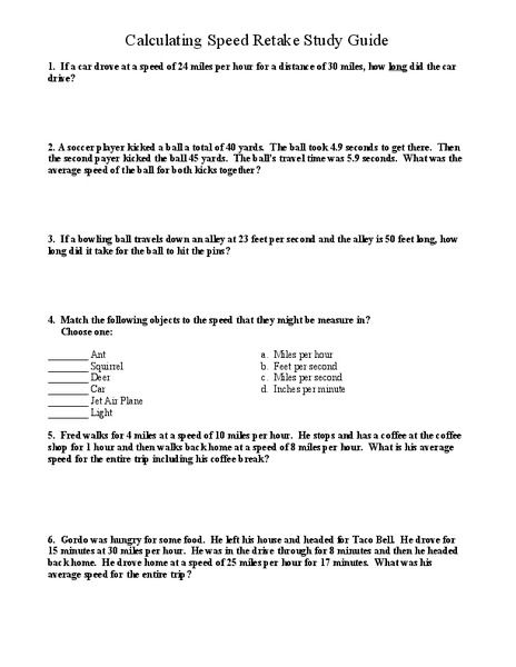 Calculating Speed Worksheet