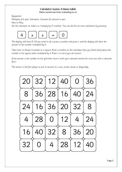 Calculator Game: 4 Times Tables Worksheet