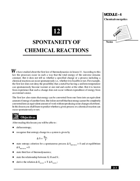 Spontaneity of Chemical Reactions Handout