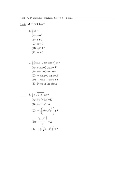Calculus Test Worksheet