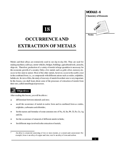 Occurrence and Extraction of Metals Handout
