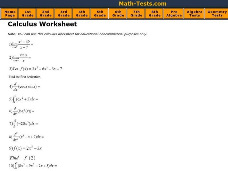 Calculus Worksheet Worksheet