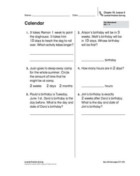 Calendar Worksheet