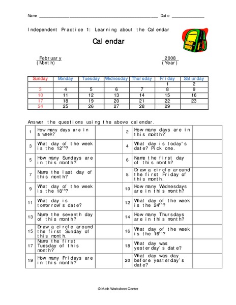 Calendar Worksheet