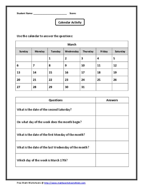 Calendar Activity Worksheet