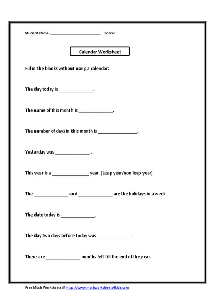 Calendar Activity Worksheet