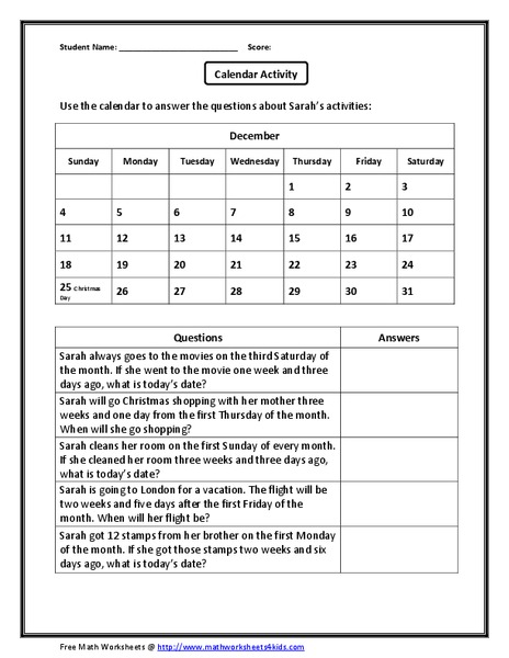 Calendar Activity Worksheet
