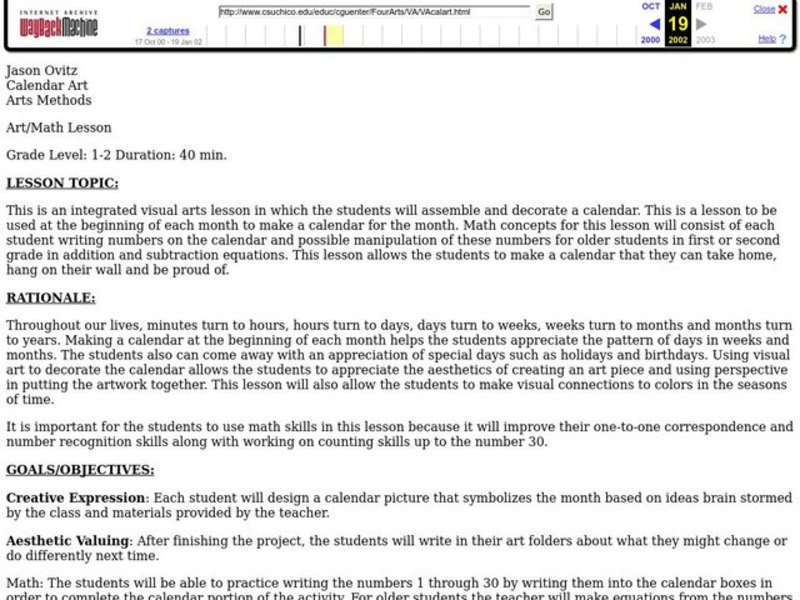 Calendar Art Lesson Plan