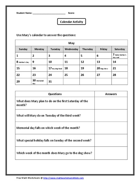 Calendar Activity Worksheet