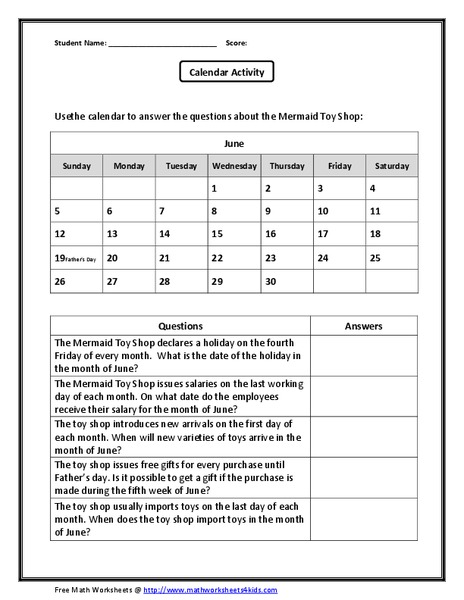Calendar Activity Worksheet