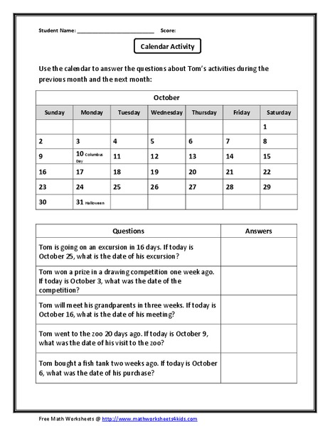 Calendar Activity Worksheet