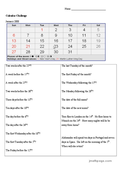 Calendar Challenge Worksheet