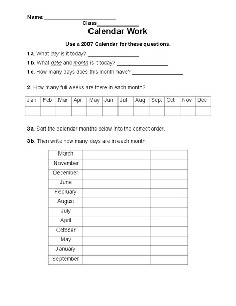 Calendar Math Worksheet