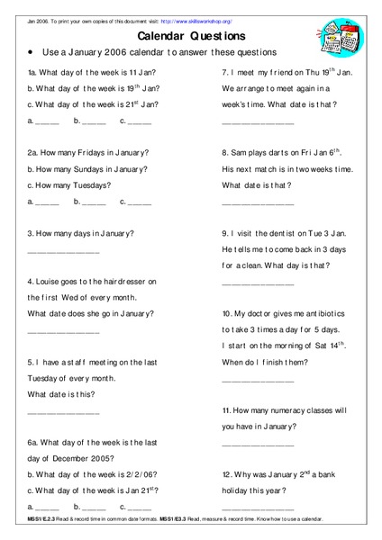 Calendar Questions Worksheet