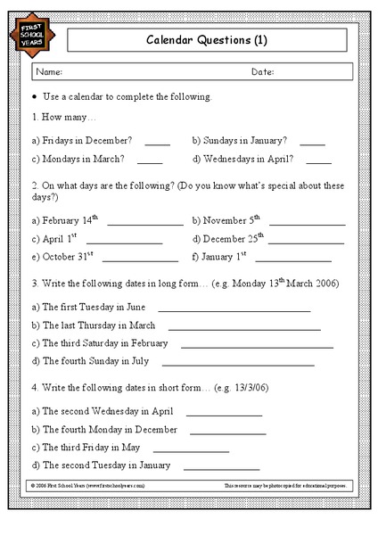 Calendar Questions Worksheet