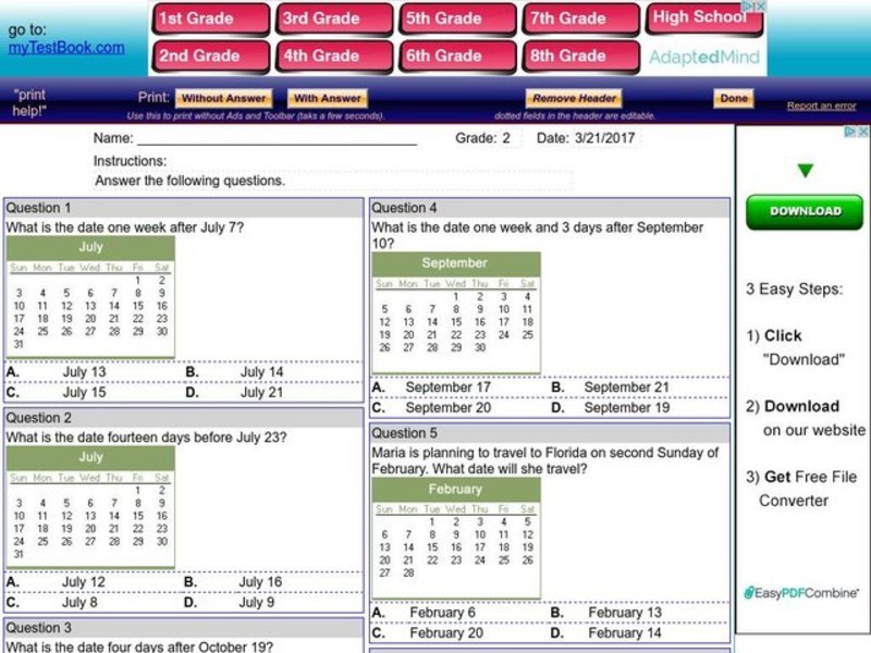 Calendar Questions Worksheet