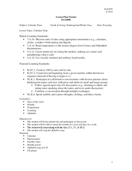 Calendar Time Lesson Plan