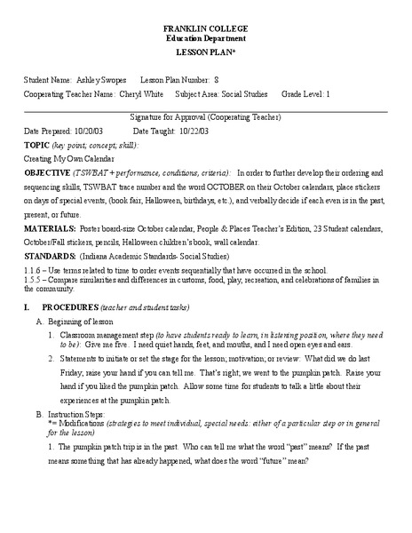 Calendar Skills Lesson Plan