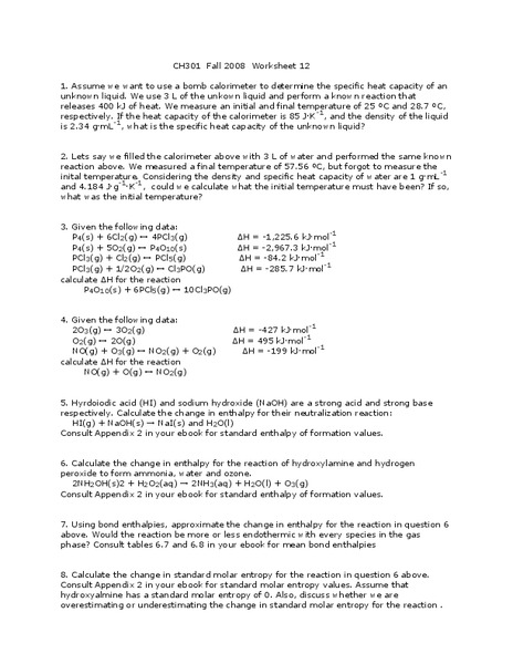Calorimetry Worksheet