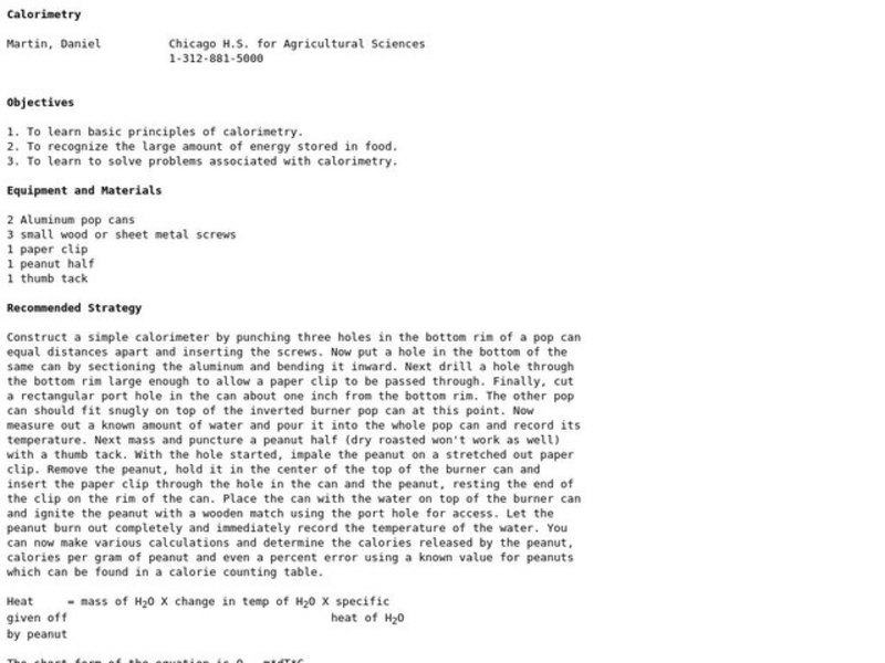 Calorimetry Lesson Plan