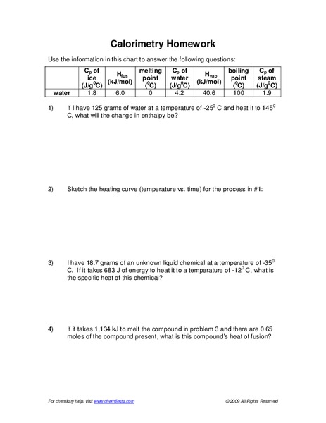 Calorimetry Worksheet Worksheet