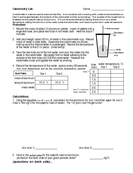 Calorimetry Lab Worksheet