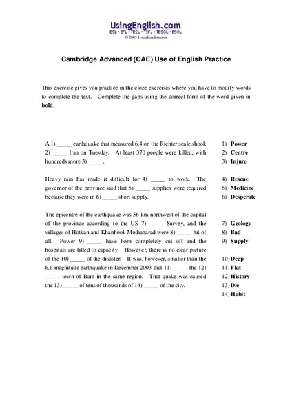 Cambridge Advanced (CAE) Use of English Practice Worksheet