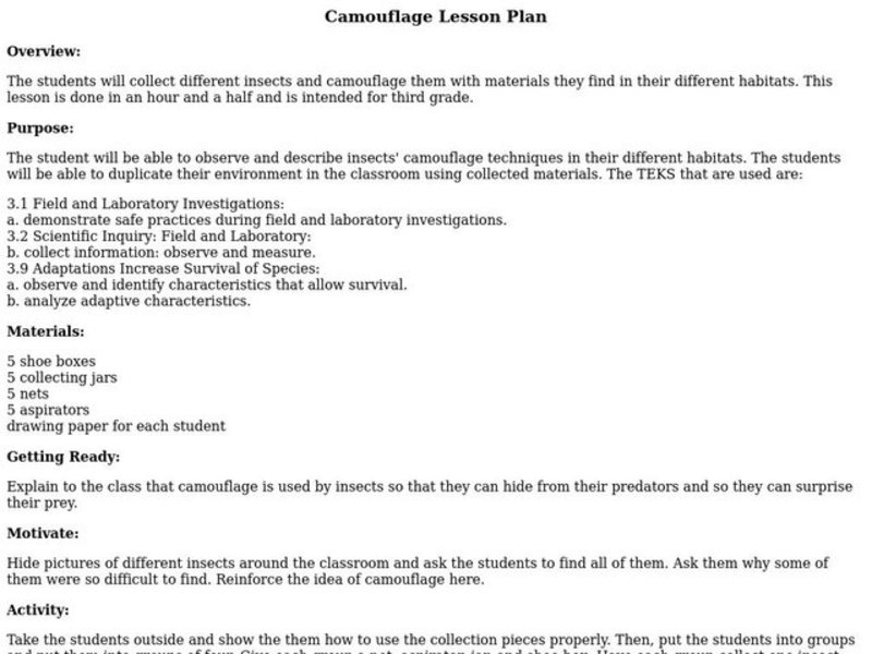 Camouflage Lesson Plan