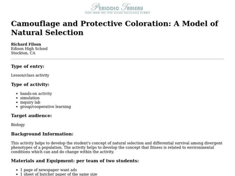 Camouflage and Protective Coloration: A Model of Natural Selection Lesson Plan
