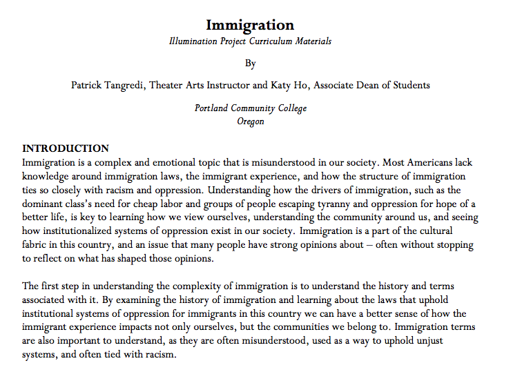 Immigration Illumination Project Curriculum Materials Lesson Plan