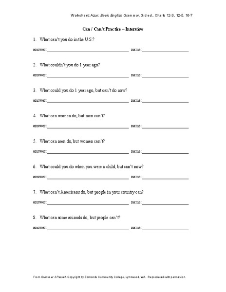 Can/Can't Practice Worksheet