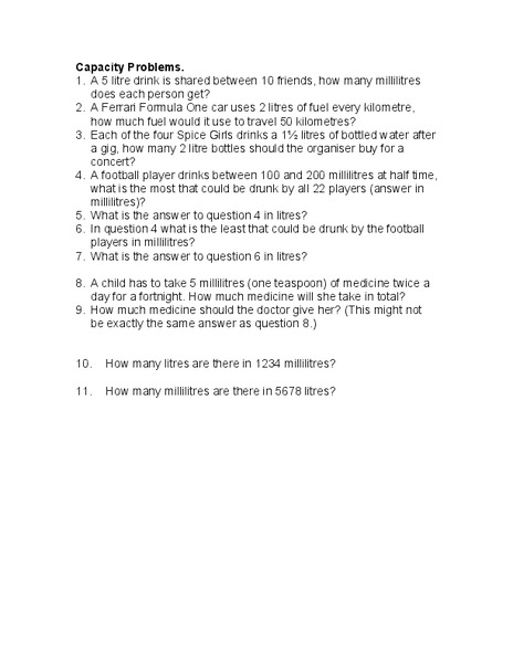 Capacity Problems Worksheet