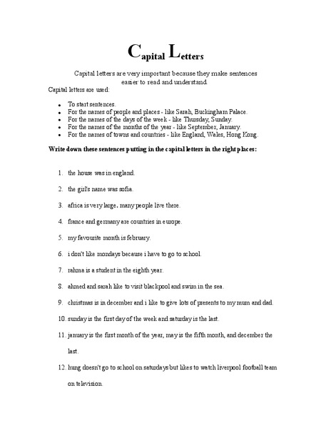 Capital Letters Worksheet